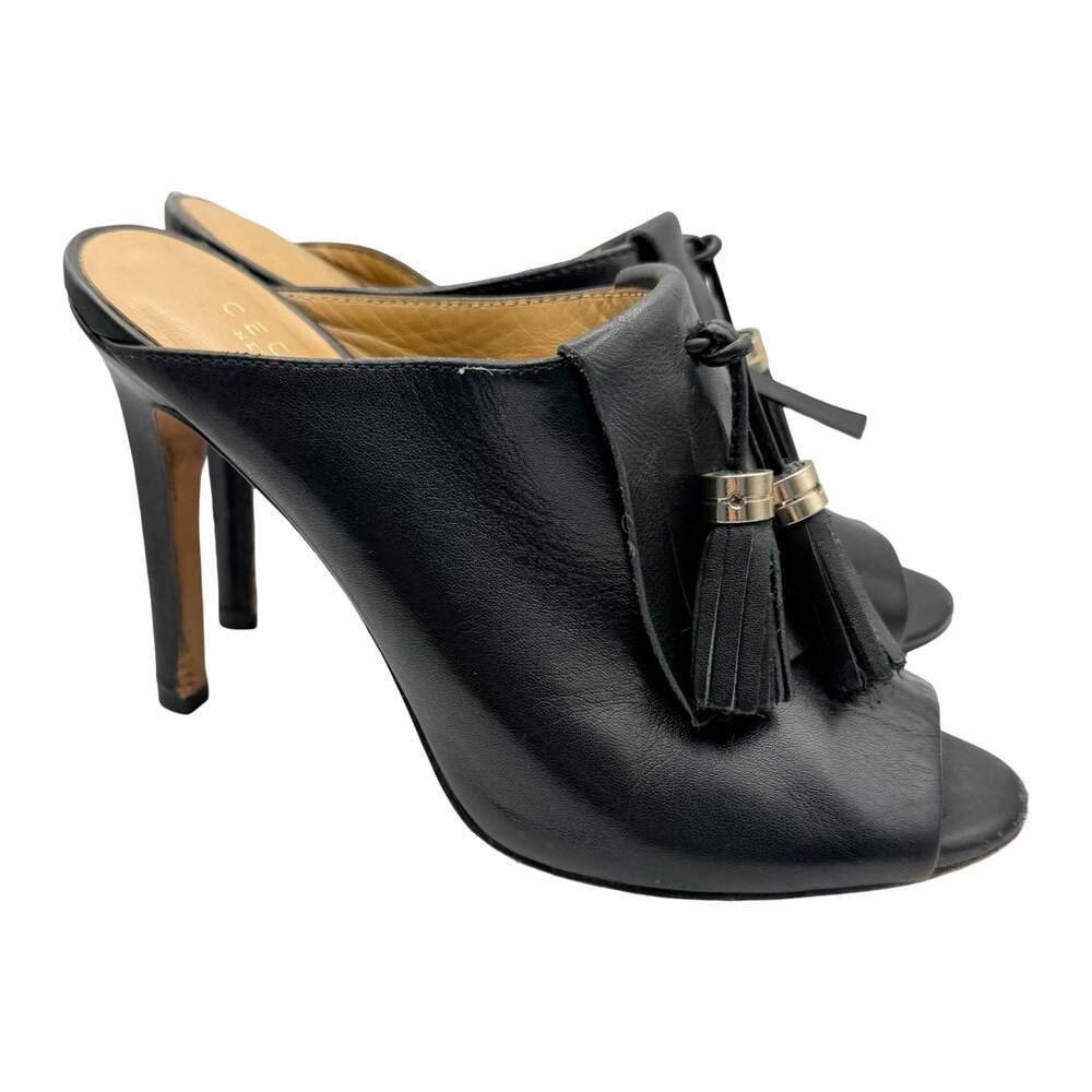 Cecelia New York Black Leather Tassel Peep-Toe Mule Heels